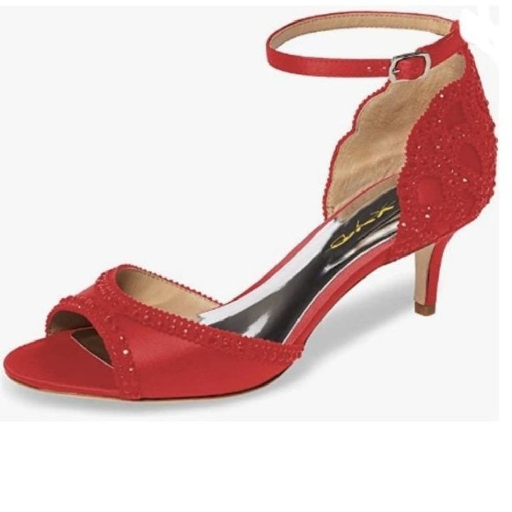 Red Rhinestones Ankle Strap Peep Toe Pumps